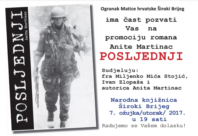 NAJAVA: Promocija drugog romana Anite Martinac “Posljednji” u Širokom Brijegu