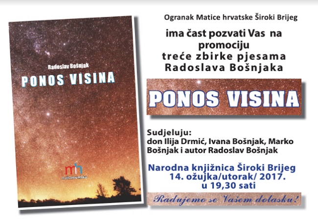NAJAVA: Promocija zbirke pjesama “Ponos visina” autora Radoslava Bošnjaka u Širokom Brijegu