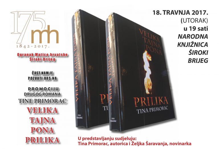 NAJAVA: Večeras promociju drugog romana Tine Primorac – Velika Tajna Pona Prilika